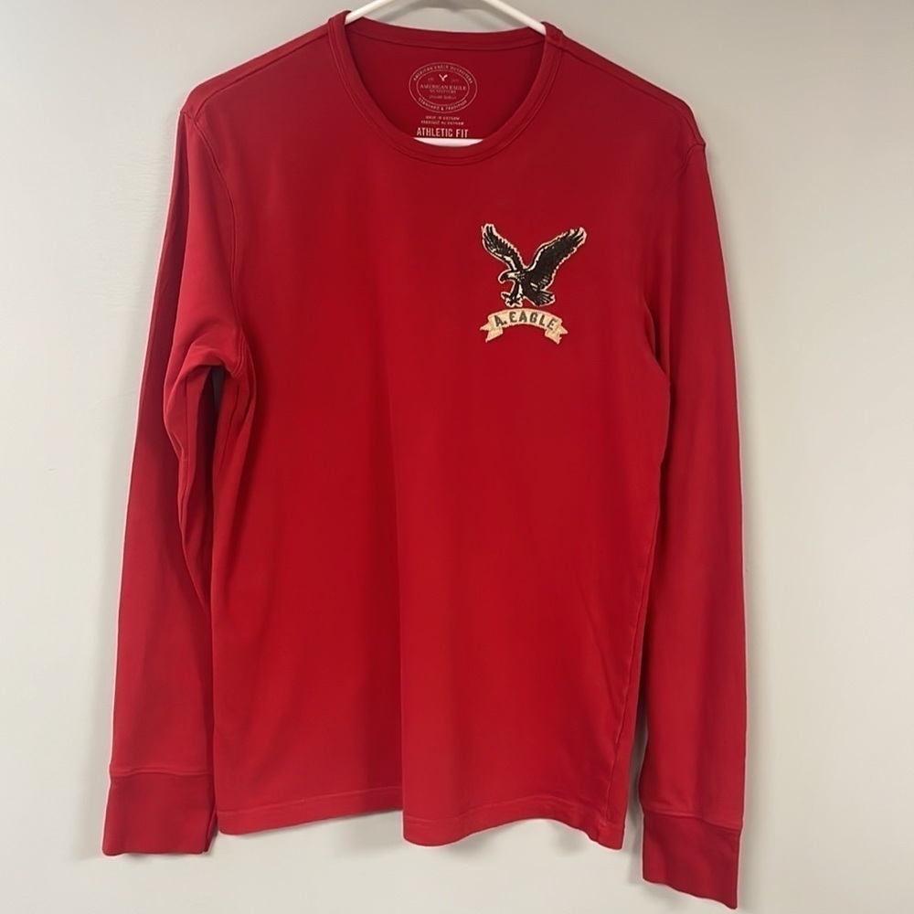 American Eagle Outfitters Red long sleeve Tee Shirt, M, embroidered emblem